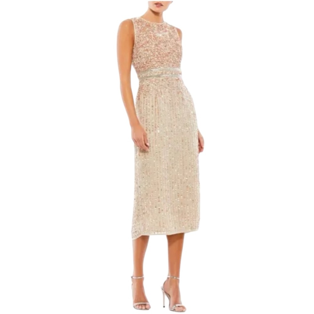 NWT Mac Duggal Nude Sleeveless High Neck Beaded Midi Sheath Dress Wedding Formal